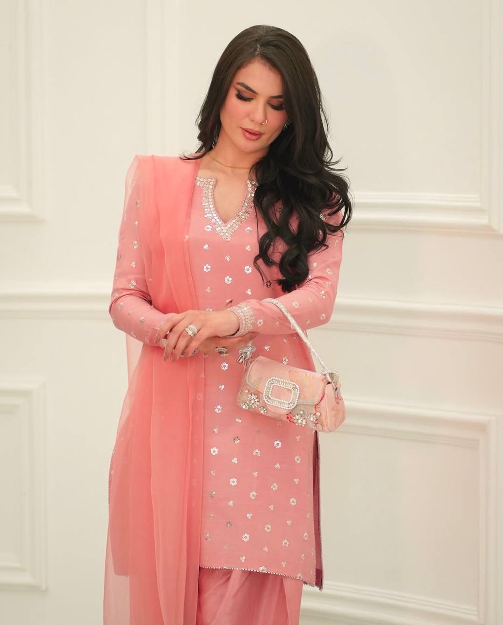 Modern Coral Silver-Trimmed Couture